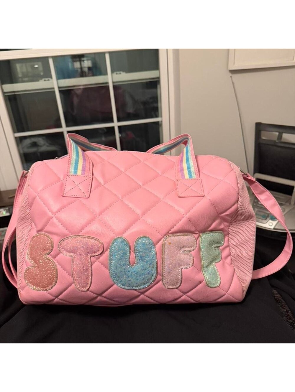 OMG Pink Quilted Duffel Bag with 'STUFF' Lettering
